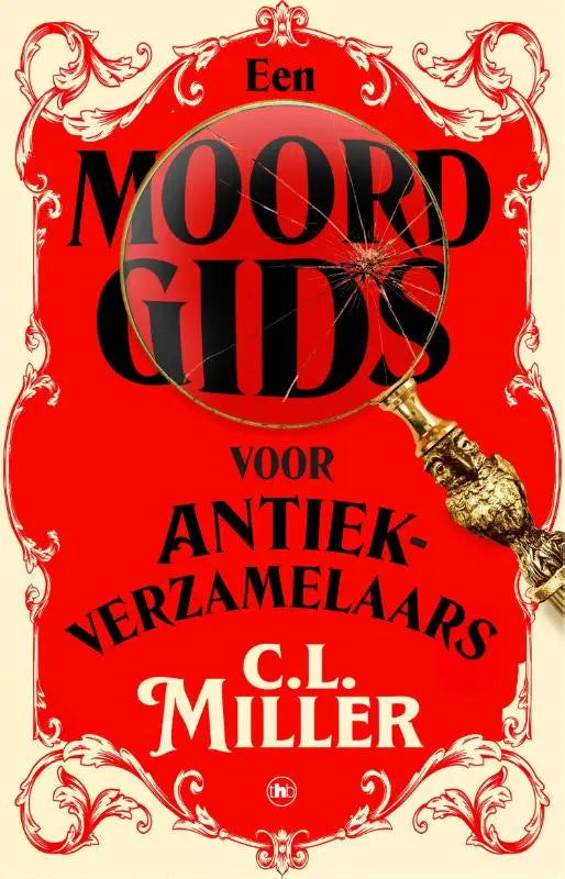 Rood boek met een moordgids voor antiekverzamelaars met witte decoratieve randen en een vergrootglas met gouden handvat