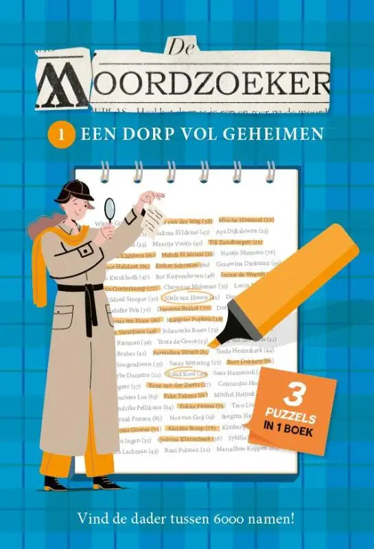 Cover van de moordzoeker deel 1 met detective in beige en oranje en de killer isn’t alice thema