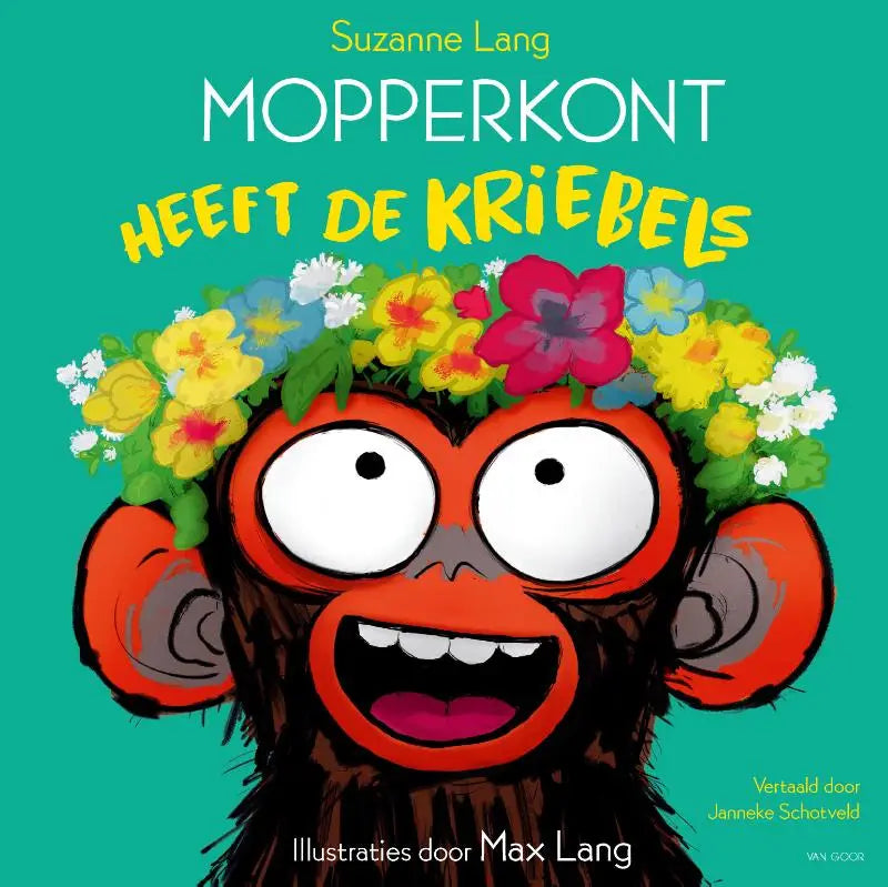 Een vrolijke cartoon aap met een felrode gezicht en kleurrijke bloemenkroon voor jonge lezers in mopperkont heeft de kriebels