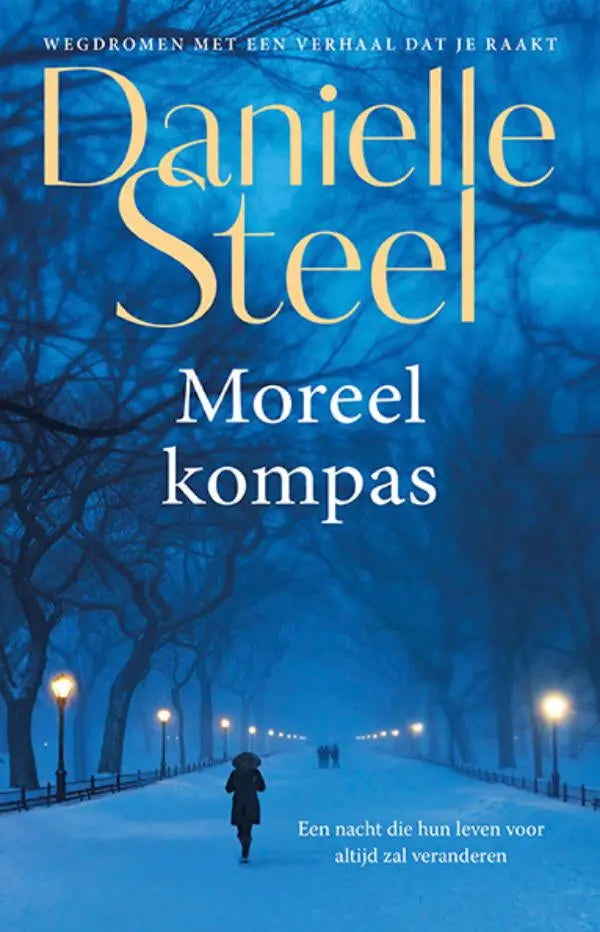 Blauwe boekcover van moreel kompas door danielle steel met een besneeuwd pad, kale bomen en luitingh sijthoff logo