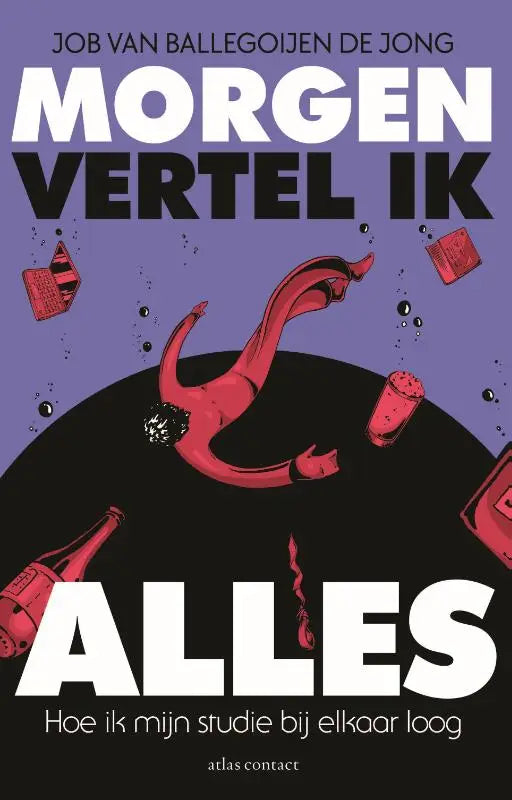 Rood geïllustreerd figuur zwevend in zwarte leegte met rode objecten bij morgen vertel ik alles hoe ik mijn studie elkaar loog