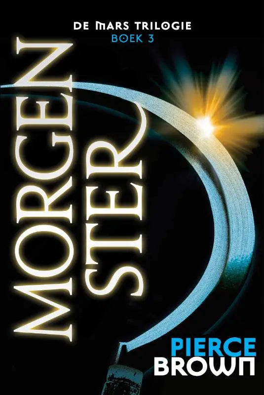 Boekcover van morgenster met gloeiende witte titel, blauwe halve maan en sterburst voor jonge lezers