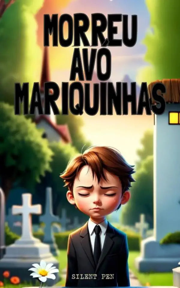 Een cartoonjongen met bruin haar in een zwart pak staat voor grafstenen bij het boek morreu avó mariquinhas