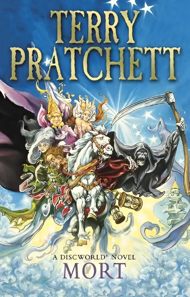 De cover van mort van terry pratchett toont een avontuurlijke fictie illustratie met ruiters tegen een sterrenhemel, discworld novels