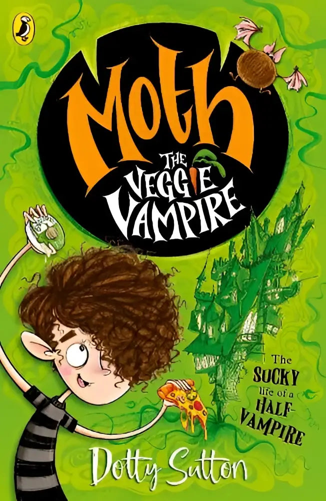 Vibrante groene boekomslag van moth the veggie met de titel the veggie vampire en een cartoonfiguur met pizza