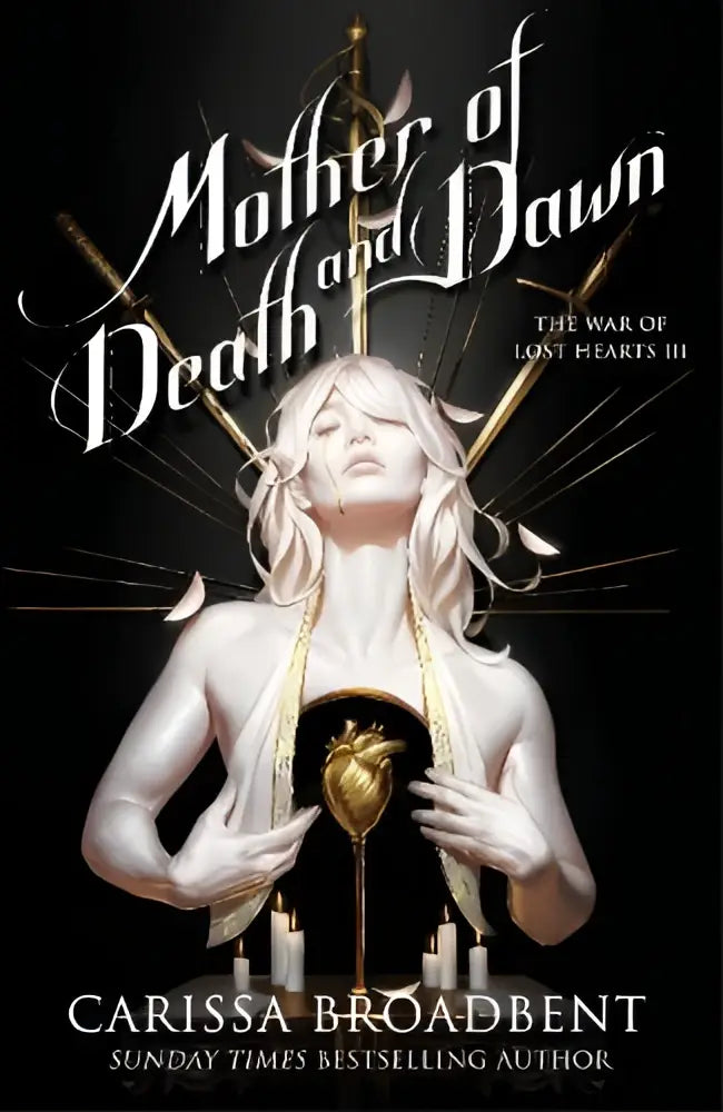 De coverart van mother of death and dawn toont een bleke vrouw met wit haar en een gouden hart op haar borst