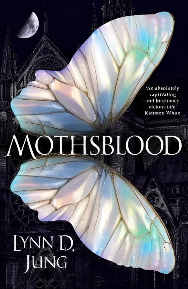 Mothsblood boekhoes met iriserende blauwe en witte motvleugels op donkere gothic achtergrond del rey dark fantasy