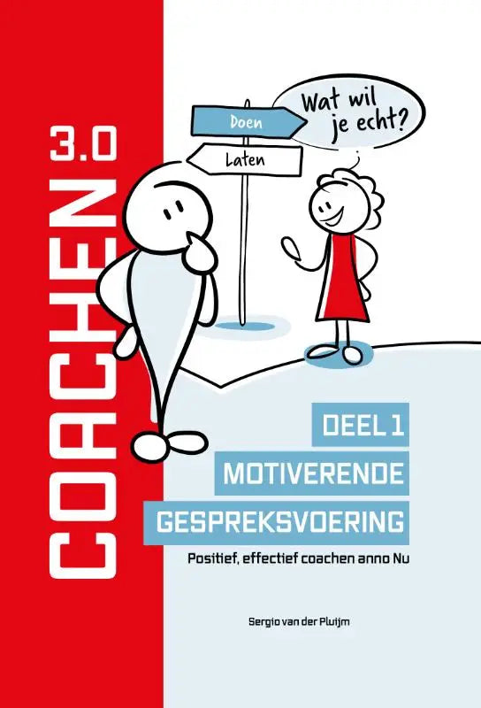 Rood-wit boek coacht cartoonfiguren bij keuze doen of laten onderdeel motiverende gespreksvoering van vrije uitgevers