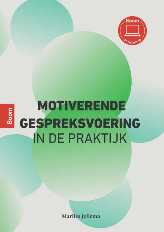 De boekcover van motiverende gespreksvoering in de praktijk door marlies jellema toont moderne groene cirkels