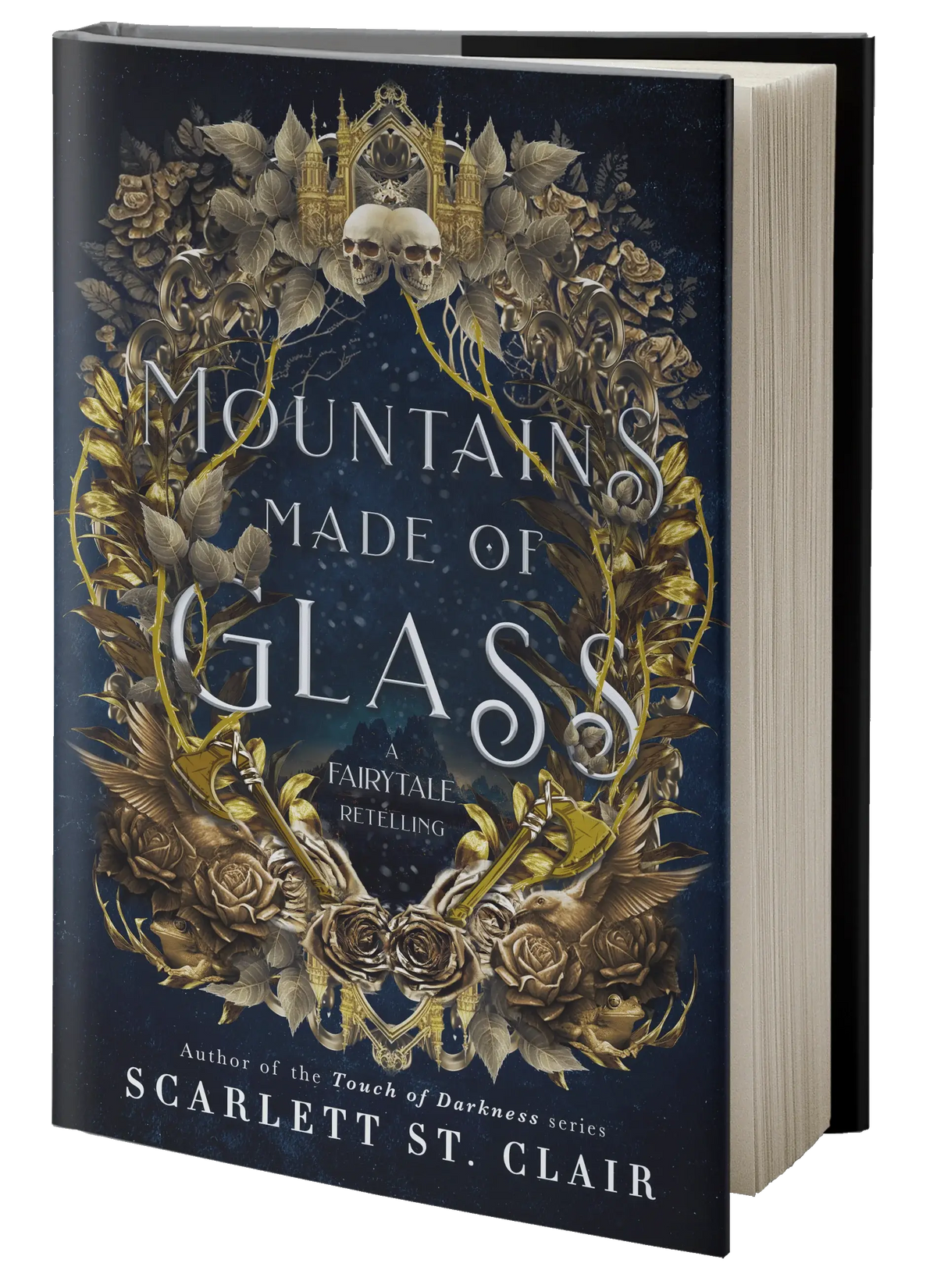 A hardcover book titled mountains made of glass by scarlett st with a dark blue cover and gold silver wreath design