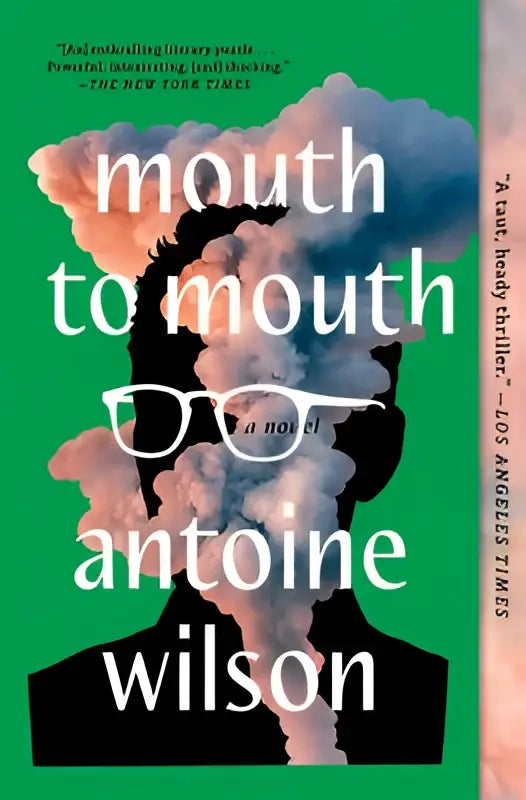 Groen boekomslag met zwarte silhouet en roze rook met witte tekst mouth to mouth van antoine wilson, een roman