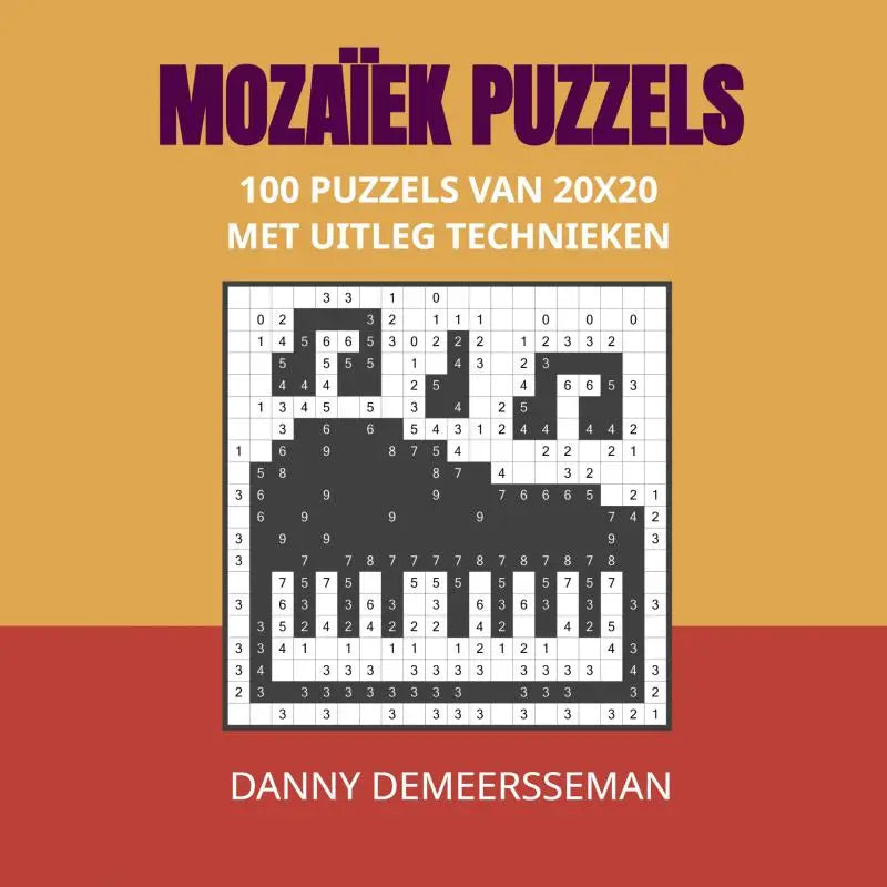 Cover van een zwart-wit mozaïek puzzelboek met 20x20 raster en uitleg technieken van danny demeersseman