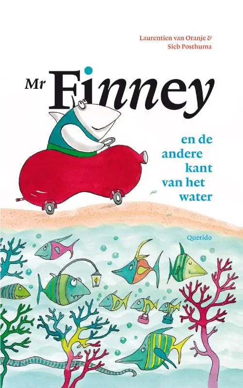 Mr finney, een witte vis met groen en blauw gestreepte vinnen, rijdt een rode auto langs de shoreline in andere kant voor jonge lezers