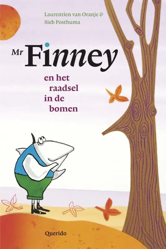 De cover van het kinderboek mr finney en het raadsel in de bomen met een visfiguur naast een herfstboom voor jonge lezers