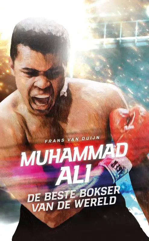 Vibrante en gestileerde boekcover van Muhammad Ali in een mid-fight pose met rode bokshandschoenen en intense uitdrukking