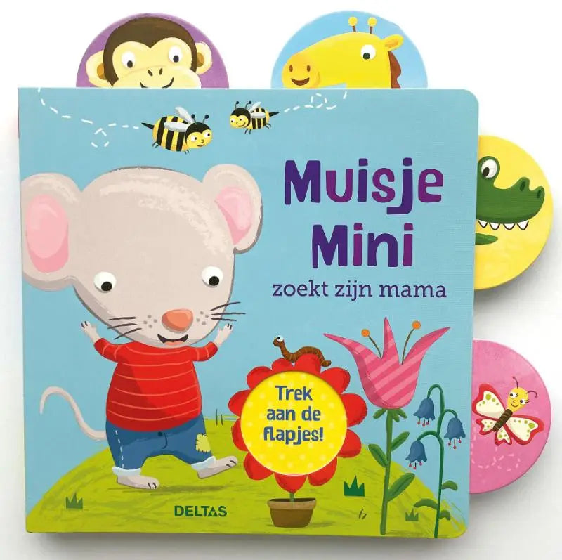 Een zachte blauwe kartonnen kinderboek muisje mini zoekt met cartoonmuis en kleurrijke dierflappen