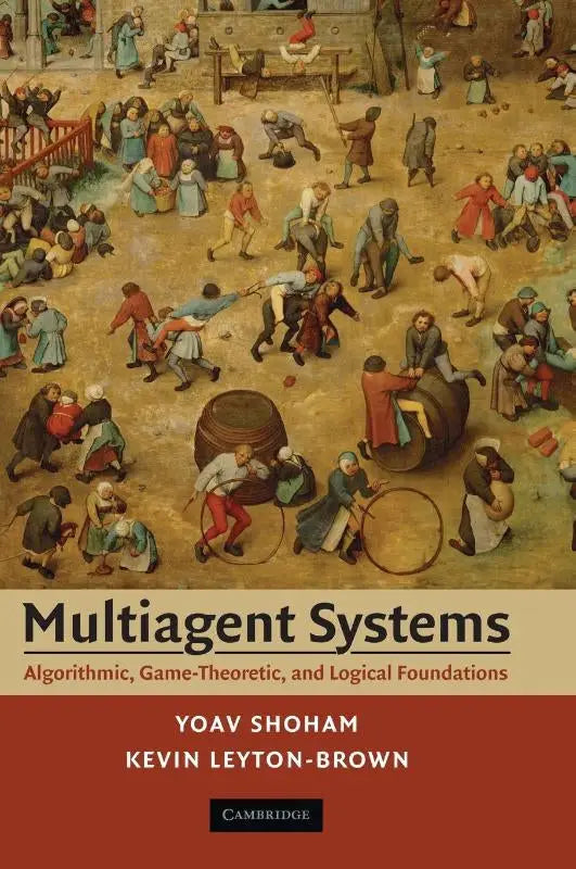 The book cover of multiagent systems features a colorful medieval scene illustrating game theory and logical foundations concepts