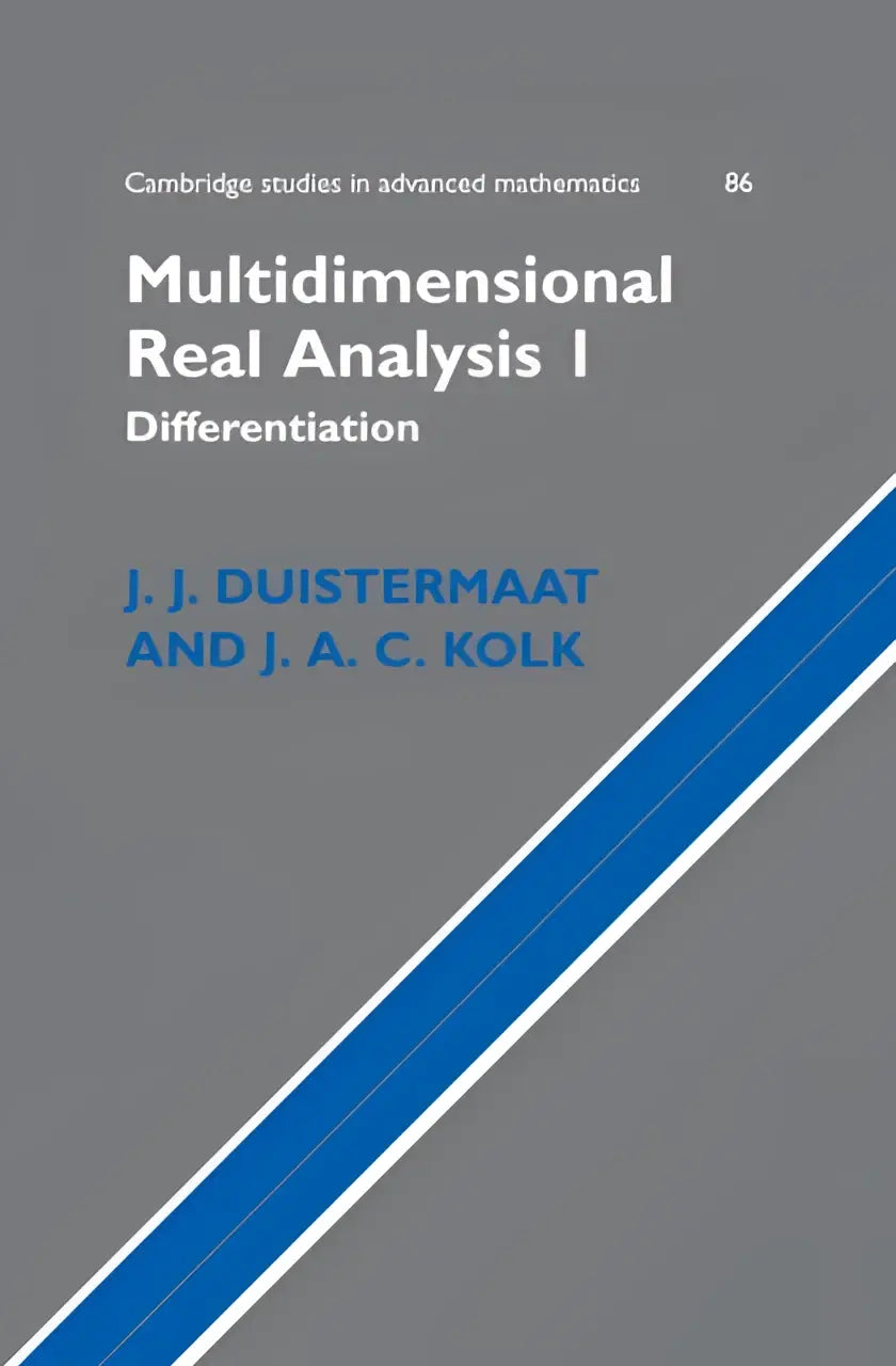 Grijs hardcover boek met blauwe diagonale strepen genaamd multidimensional real analysis i differentiatie van j voor multidimensional real analysis
