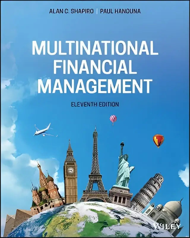 De boekcover van multinational financial management toont een blauwe lucht en globe met wereldwijde herkenningspunten