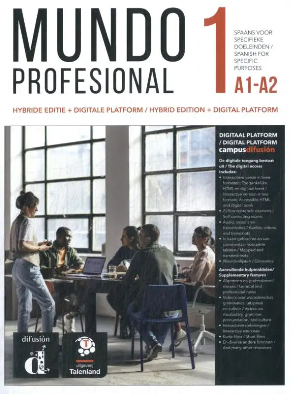 Mundo profesional 1 a1-a2 hybride editie leerboek met een moderne kantooromgeving en mensen die samenwerken