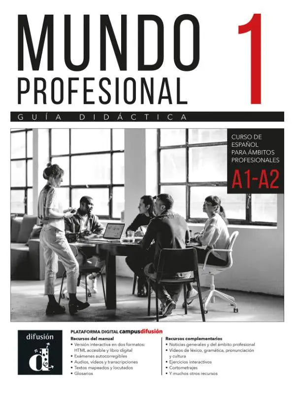 Zwarte-witfoto van mundo profesional 1 gids didactica voor spaanse a1-a2 taalniveau leren talen algemeen