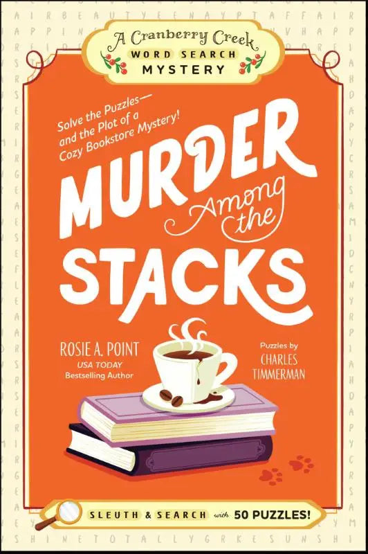 Een levendige oranje boekomslag van murder among the stacks met een witte koffiekop op gestapelde boeken om de plot te ontrafelen