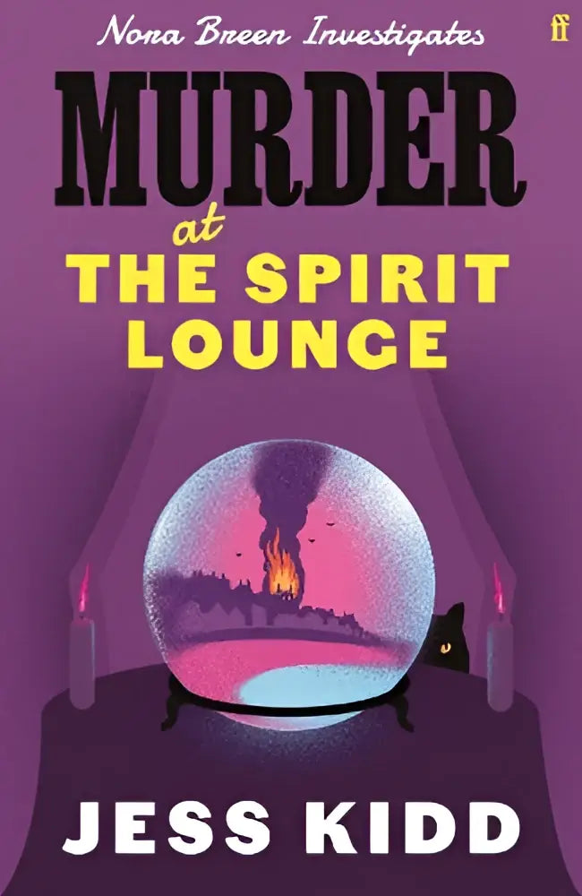 Purple book cover of murder at the spirit lounge featuring a crystal ball with flames, candles, and a cat silhouette