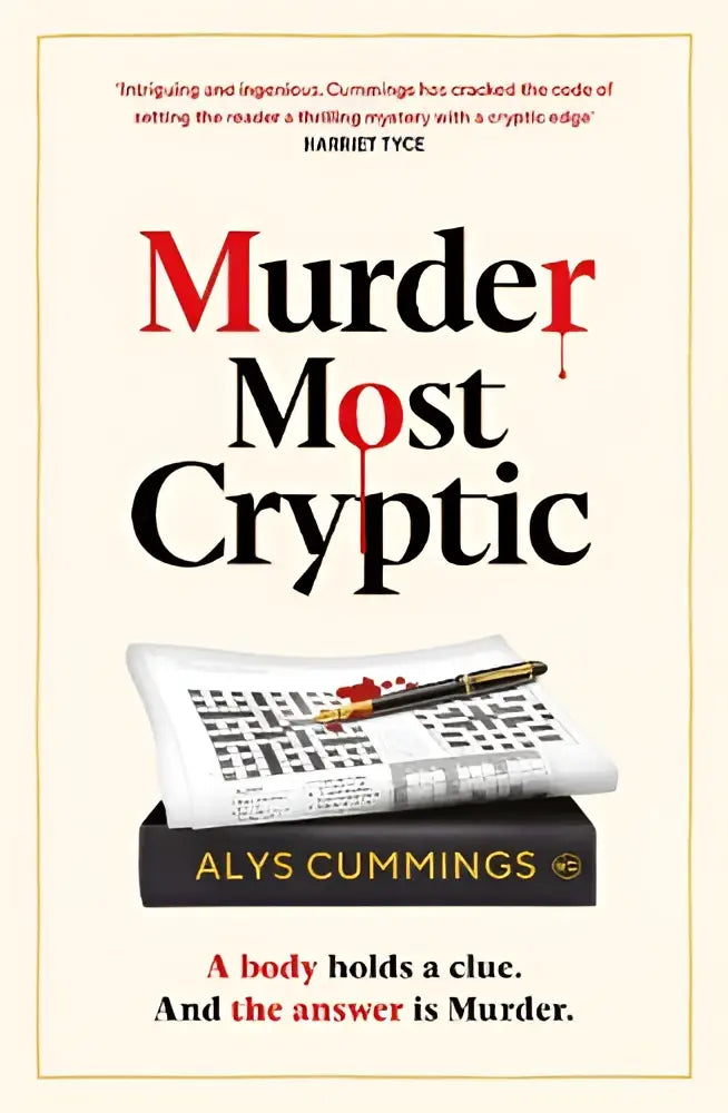 De cover van het boek murder most cryptic toont de titel in rood en zwart met een kruiswoordraadsel en pen erop
