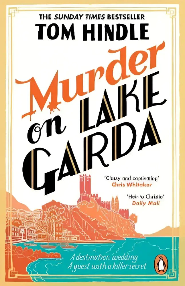 De boekcover van murder on lake garda toont oranje en zwarte letters op witte achtergrond met een illustratie van het meer garda