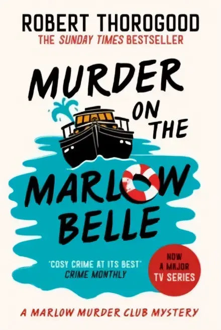De boekcover van murder on the marlow belle toont zwarte tekst op een blauwe achtergrond met een schipillustratie