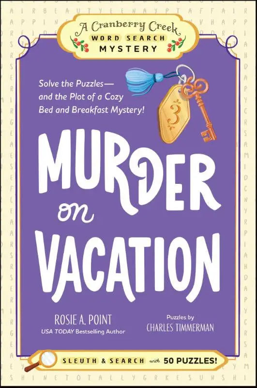 Paars boekomslag van murder on vacation met een gouden sleutel en blauwe kwast om de plot en raadsels te oplossen
