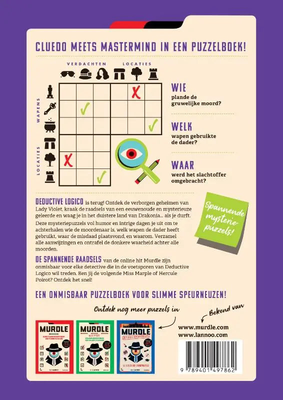 De achterkant van het puzzelboek murdle toont een grid met iconen voor verdachten, wapens en locaties voor deductive logico puzzelliefhebbers
