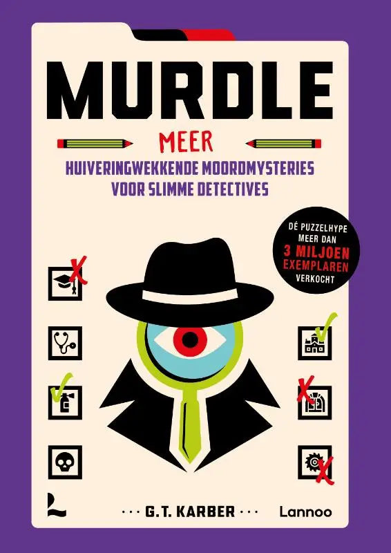 Illustratie van een detective met zwarte fedora groene das en groot rood-blauw oog op murdle meer moordmysterie voor deductive logico detectives