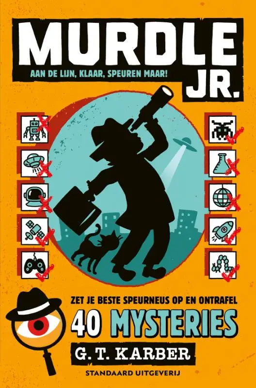 De cover van murdle jr puzzelboek 2 door g t karber toont een zwarte detective in fedora met vergrootglas en oogembleem