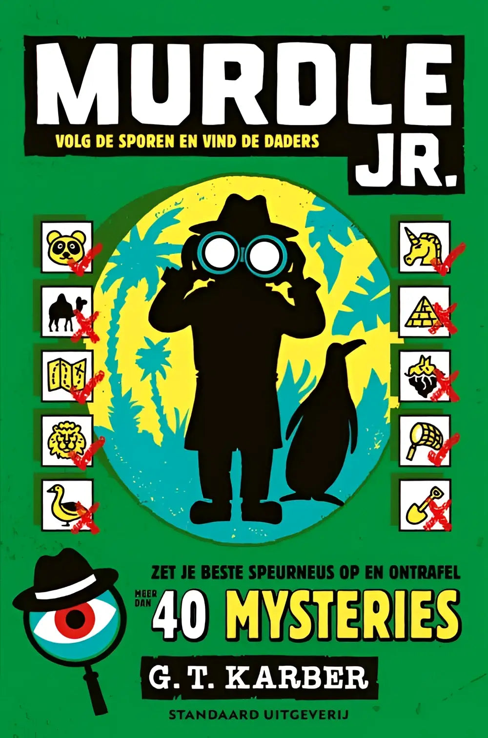 Groen kinder mysterieboek murdle jr met zwarte detectieve en pinguïn silhouet van g t voor het vinden van daders