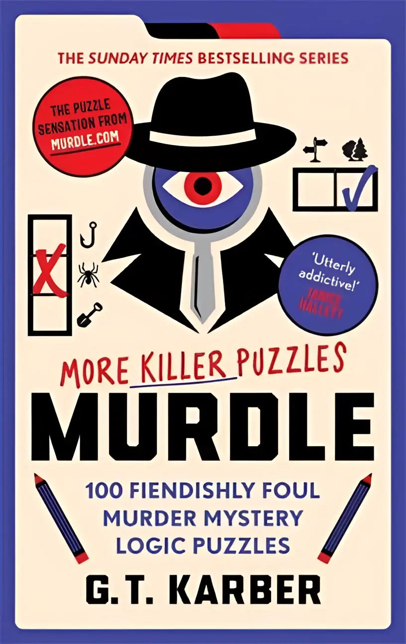 The book cover of Murdle murder mystery logic puzzles shows a detective with a glowing blue eye and black fedora for more killer puzzles
