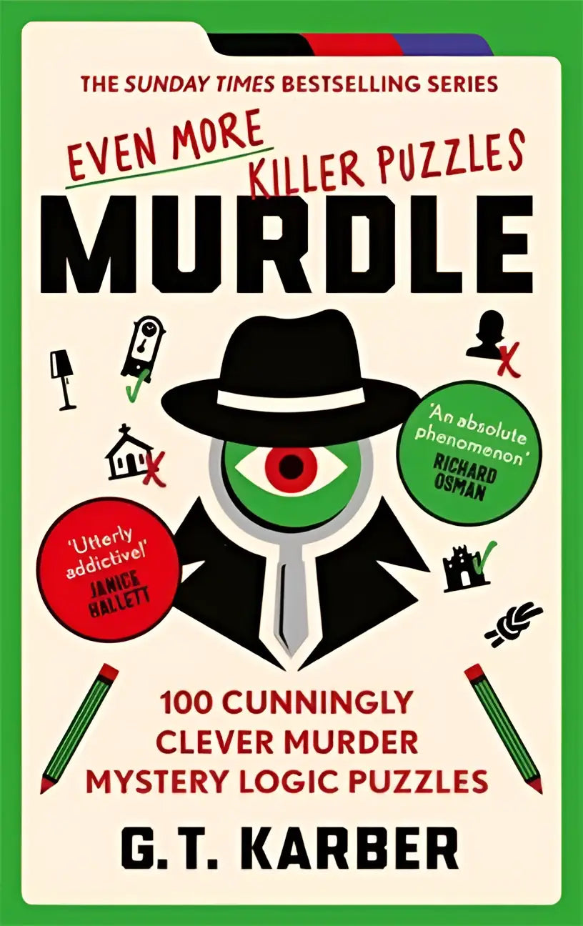A black fedora with green eye emblem worn by a stylized detective on the cover of more killer puzzles murdle book