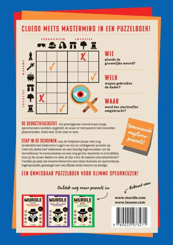 De achterkant van het puzzelboek murdle de school der mysteries toont een deductive logico grid en nederlandstalige tekst