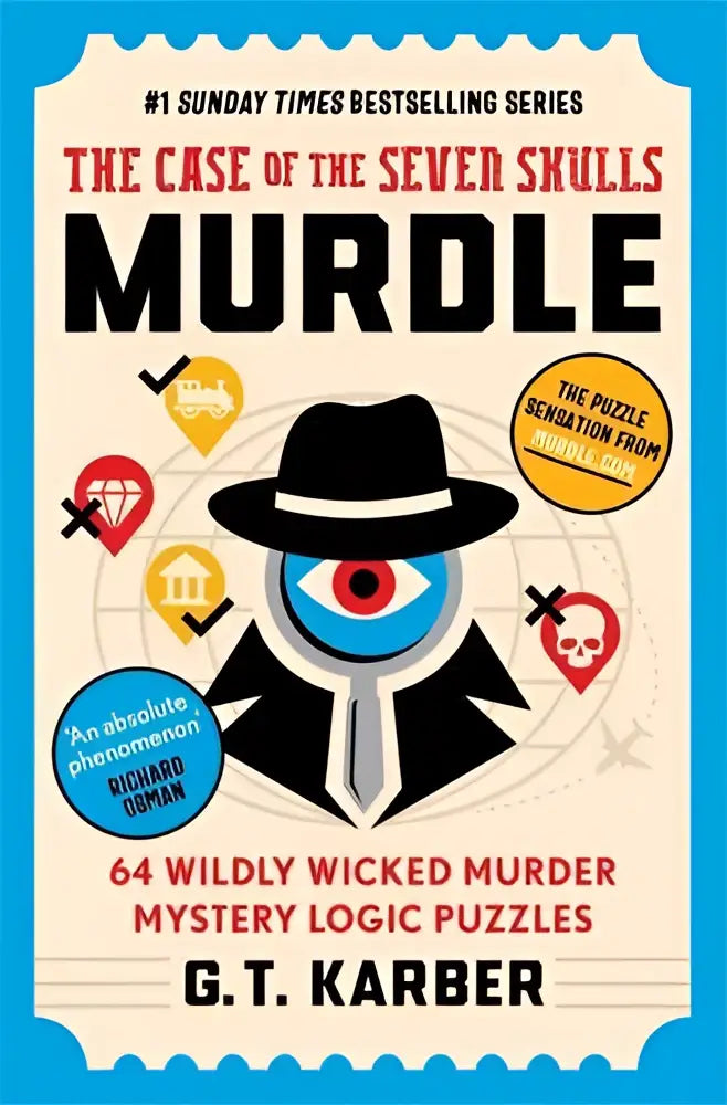 De boekcover van murdle the case of the seven skulls toont een onderzoeker met blauwe ogen, omkaderd door blauwe randen, the sunday times bestseller