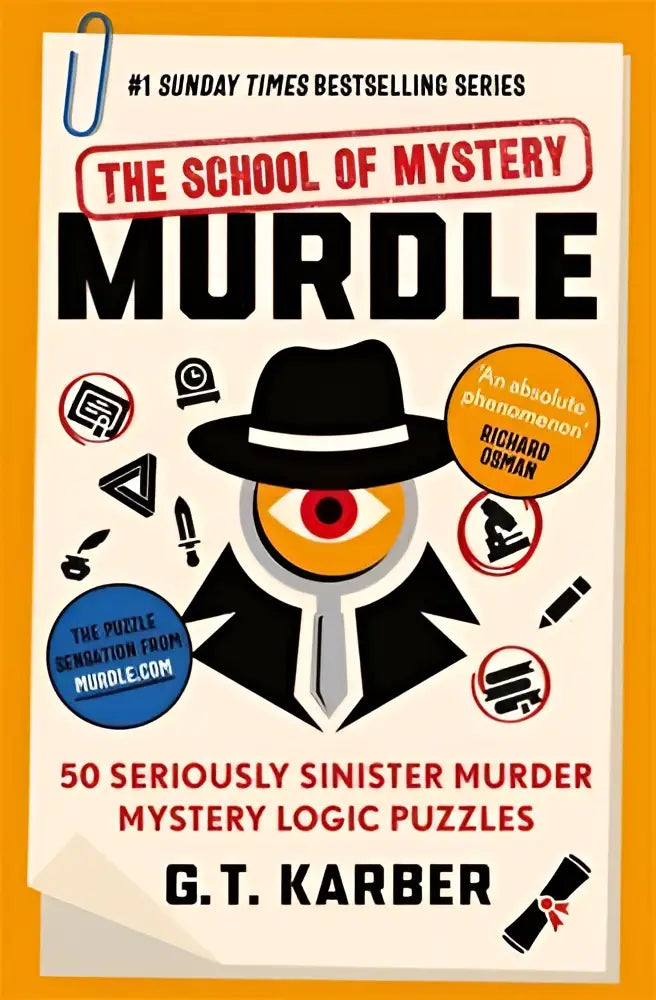De school of mystery murdle boekcover toont een zwarte fedora met een oogvormig vizier voor sinistere murder mystery puzzels in de sunday times bestselling serie