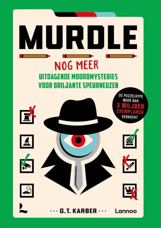 De cover van murdle toont een deductive logico detective met een rood gloeiend oog in zwart pak en hoed op een crème achtergrond