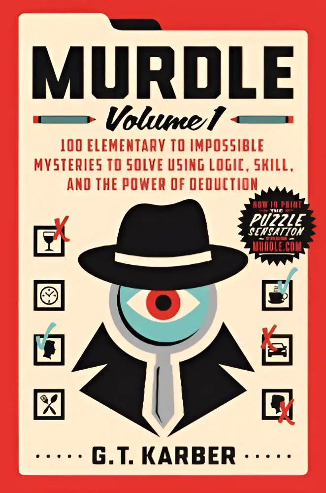 Black fedora hat with a red eye worn by a detective figure on the cover of murdle volume 1 mysteries to solve