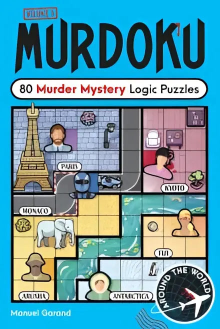Murdoku around the world moordmysteries boek met kleurrijke wereldkaartillustraties en blauwe omslag rond de verdachten