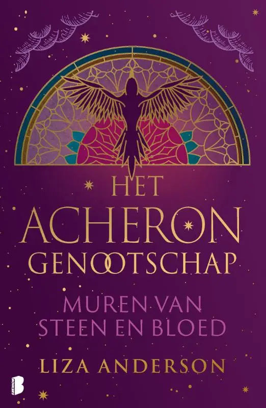 Muren van steen en bloed boek met paarse cover en gouden gevleugelde silhouet in sierlijke glas-in-lood boog voor acheron genootschap