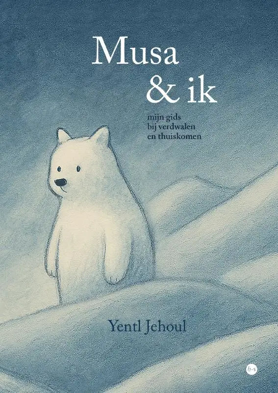 Een zachte geïllustreerde kinderboekenkaft met een witte ijsbeer in een besneeuwd landschap voor Musa & ik