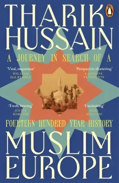 Het boek cover van muslim europe van tharik hussain toont witte en gele tekst op een blauwe achtergrond met geometrische patronen