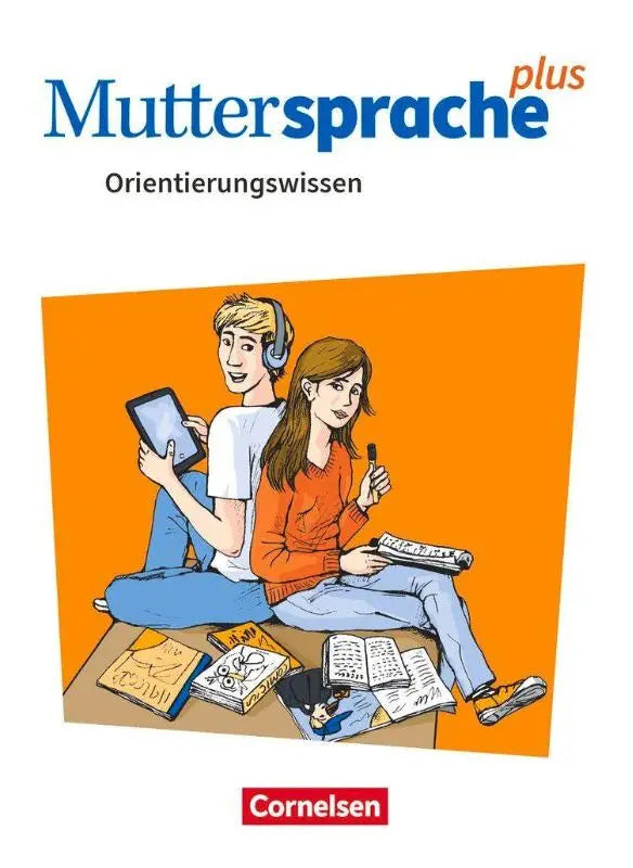 Oranje geïllustreerde muttersprache plus algemene ausgabe en sachsen educatieve boekcover met twee studerende leerlingen