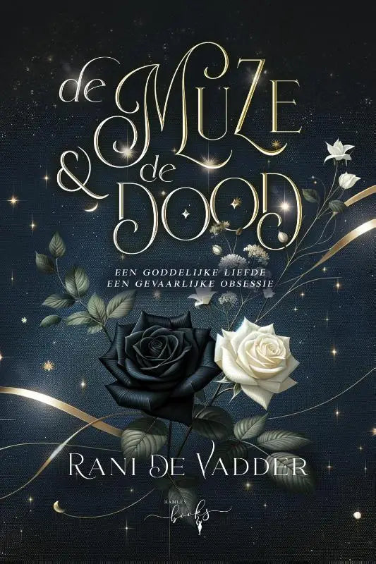 De muze en de dood boek met donkerblauwe omslag, gouden letters en zwart met roosaccent van rani de vadder