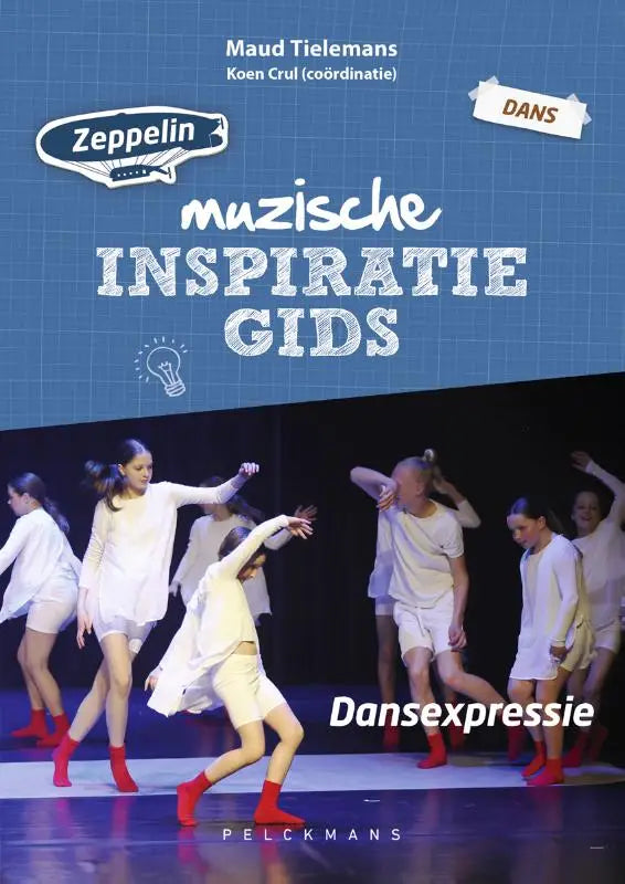 Blauw boek omslag muzische inspiratiegids met zepplin logo en dansers in witte kleding en rode sokken