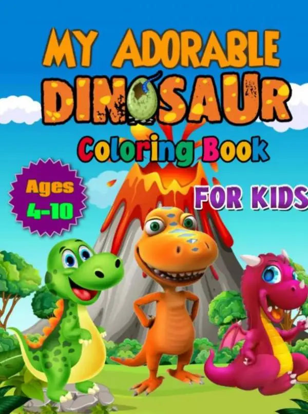 My adorable dinosaur coloring book for kids features colorful cartoon dinosaurs and a volcano backdrop